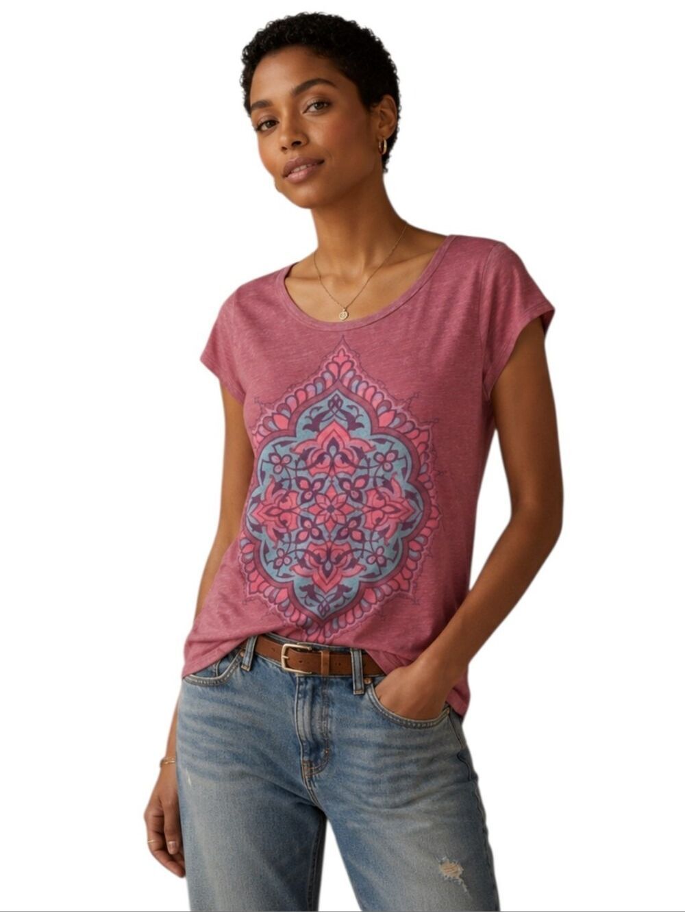 Lucky Brand Graphic Tee Boho Mandala Print Short Sleeve Top Small